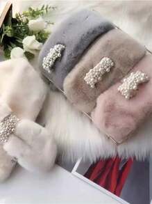 1入女士假珍珠裝飾毛絨保暖圍巾,時尚多變,冬季必備 - 灰色 - 查看 3