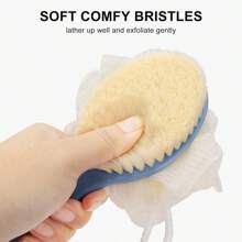 毛刷和海綿淋浴刷,帶有長彎手柄的淋浴網海綿,理想用於去角質和沐浴,按摩毛刷可濕用或乾用,適合男女使用（藍色） - 藍色 - 查看 3