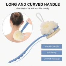 毛刷和海綿淋浴刷,帶有長彎手柄的淋浴網海綿,理想用於去角質和沐浴,按摩毛刷可濕用或乾用,適合男女使用（藍色） - 藍色 - 查看 6