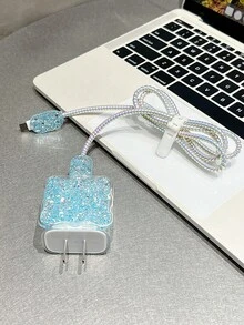 5pcs/Set 1.5m Glitter Edge Anti-Breakage Data Cable Kit, Including Coiled Cord, Strain Relief Spiral Sleeves Cable Protector, Tpu Charging Head Case, Compatible With Iphone 12/13/14, Support 20w Fast Charging - Baby Blue - View 3