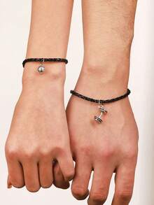 2入組情侶黑繩手鍊帶吊墜,情人節禮物,適合男女穿戴 - 黑色 - 查看 1