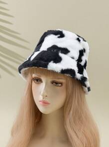 1pc Women's Black & White Splicing Cow & Zebra Pattern Fashionable And Warm Plush Bucket Hat, Suitable For Daily Wear - Black and White - View 1
