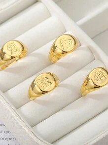 Luxury Wide Signet Ring Plated 26 Alphabet Pattern Match Daily Outfits Special Gift For Your Special One Dainty Party Decor - Yellow Gold - View 3