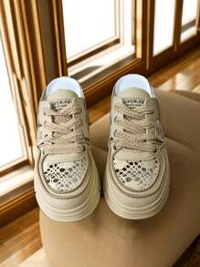 Platform Shoes Outdoor Leisure Half Slippers Hollow And Breathable Woman's Shoes - Khaki - View 2