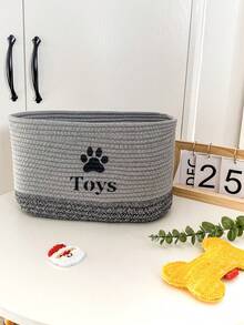 1pc Woven Rope Pet Storage Basket With Dog Paw Print Pattern, Multifunctional Organizer For Pet Toys And Accessories - Grey - View 7