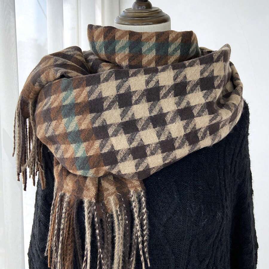 1pc 200*70cm Classic Unisex Scarf, Popular Checked Pattern, Thickened For Warmth, Both Shawl And Scarf - Coffee Brown - View 1
