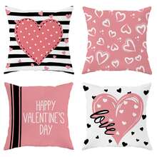 4入組情人節紅心條紋愛心粉黑色靠墊套,情人節靠墊套,絲絨裝飾性靠墊套45*45cm/18"*18",適用於情人節派對客廳臥室沙發床裝飾禮物 - 粉色 - 查看 2
