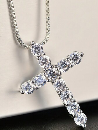 S925 Sterling silver Låda Kedja Halsband Med Glänsande kristall & Klassisk Kors Hänge , Dam/herr Fashionabel Smycke Presenter Bröllop Förlovning Bröllopssmycken