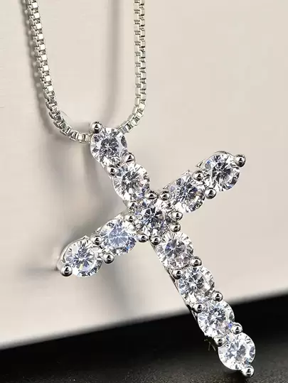 S925 Bạc nguyên chất Hộp Vòng cổ dây  Với Pha lê sáng bóng & Cổ điển Mặt dây chuyền chữ thập , Nữ/Nam Đúng mốt Đồ trang sức Qủa tặng Lễ cưới Hôn ước Trang sức cô dâu