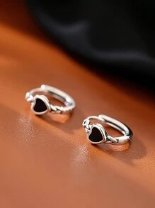 925 純銀黑色心形圓形耳環,簡約優雅鑲嵌女士婚禮珠寶配件