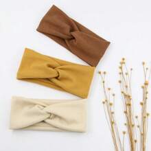 3pcs Cross-Border New Children's Elastic Hairbands For Baby Elastic Headbands With Wide Band, Solid Color Faux Knitted Hair Accessories For Winter - Beige Coffee - View 1