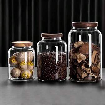 1pc Transparent Acacia Wood Lid High Borosilicate Glass Preserving Jar For Storing And Collecting Citrus Peel, 1300ml/2000ml/2800ml