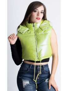 Abrigo Chaleco acolchado con gorro, cremallera corazón y ajustador a la cintura - Verde Lima - Ver 1