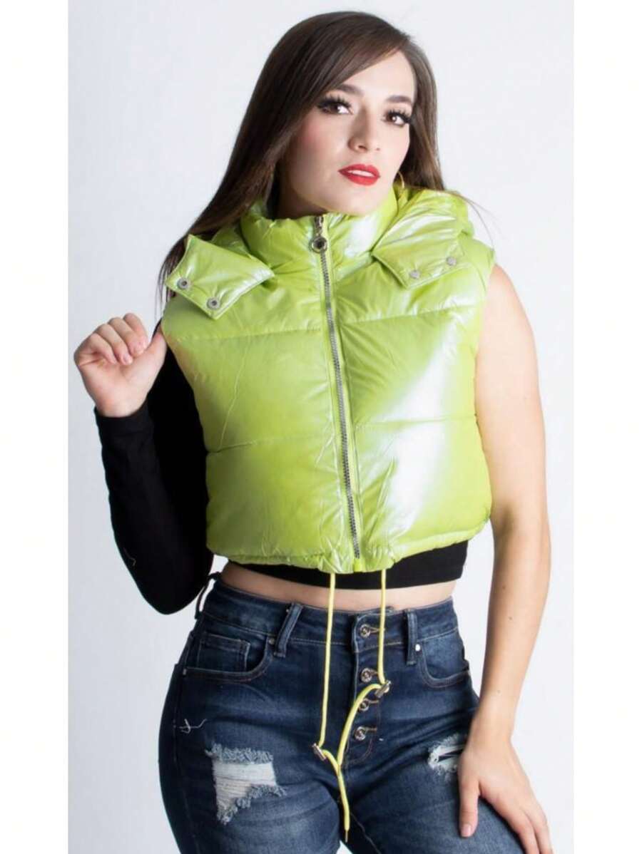 Abrigo Chaleco acolchado con gorro, cremallera corazón y ajustador a la cintura - Verde Lima - Ver 1