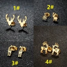 1 对时尚不锈钢金色鹿头鹿角耳钉耳环饰品动物耳环女士简约精美珠宝 DIY - 金色 - 查看 1