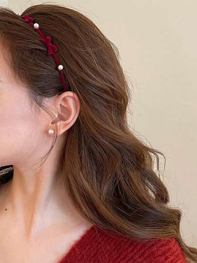1 pezzo Fascia per capelli da donna in colore unito, con dettagli in velluto, fiocco in lega e finta perla, per un look elegante e dolce, adatta per la scuola, feste o uso quotidiano, San Valentino