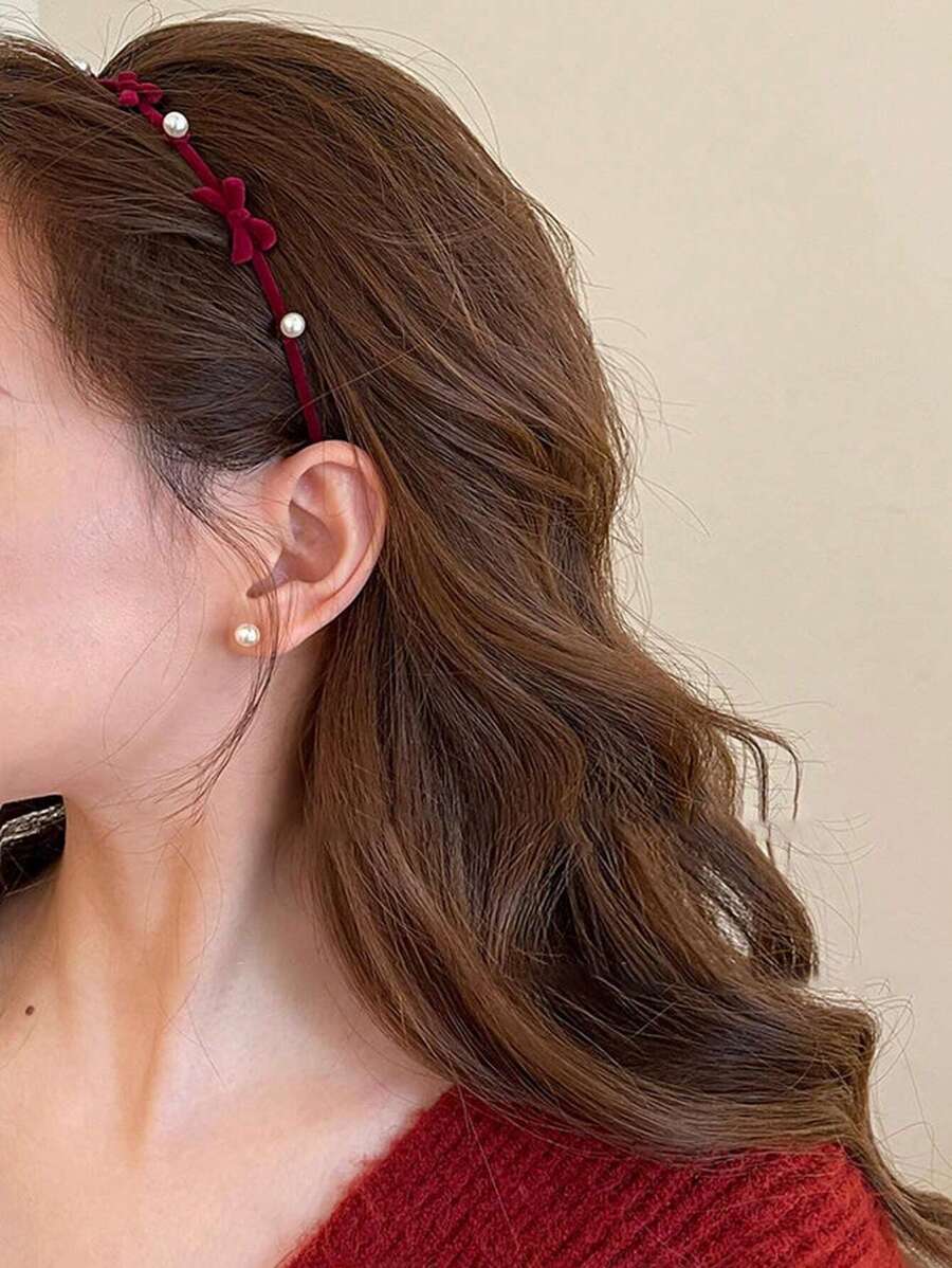 1pc Women's Solid Color Flocked & Alloy Bowknot & Faux Pearl Detail Hair Band For Elegant Sweet School/Party/Daily Wear Valentine's Day Valentines,Hairband,Hair Hoop Headbands Hair Accessories
