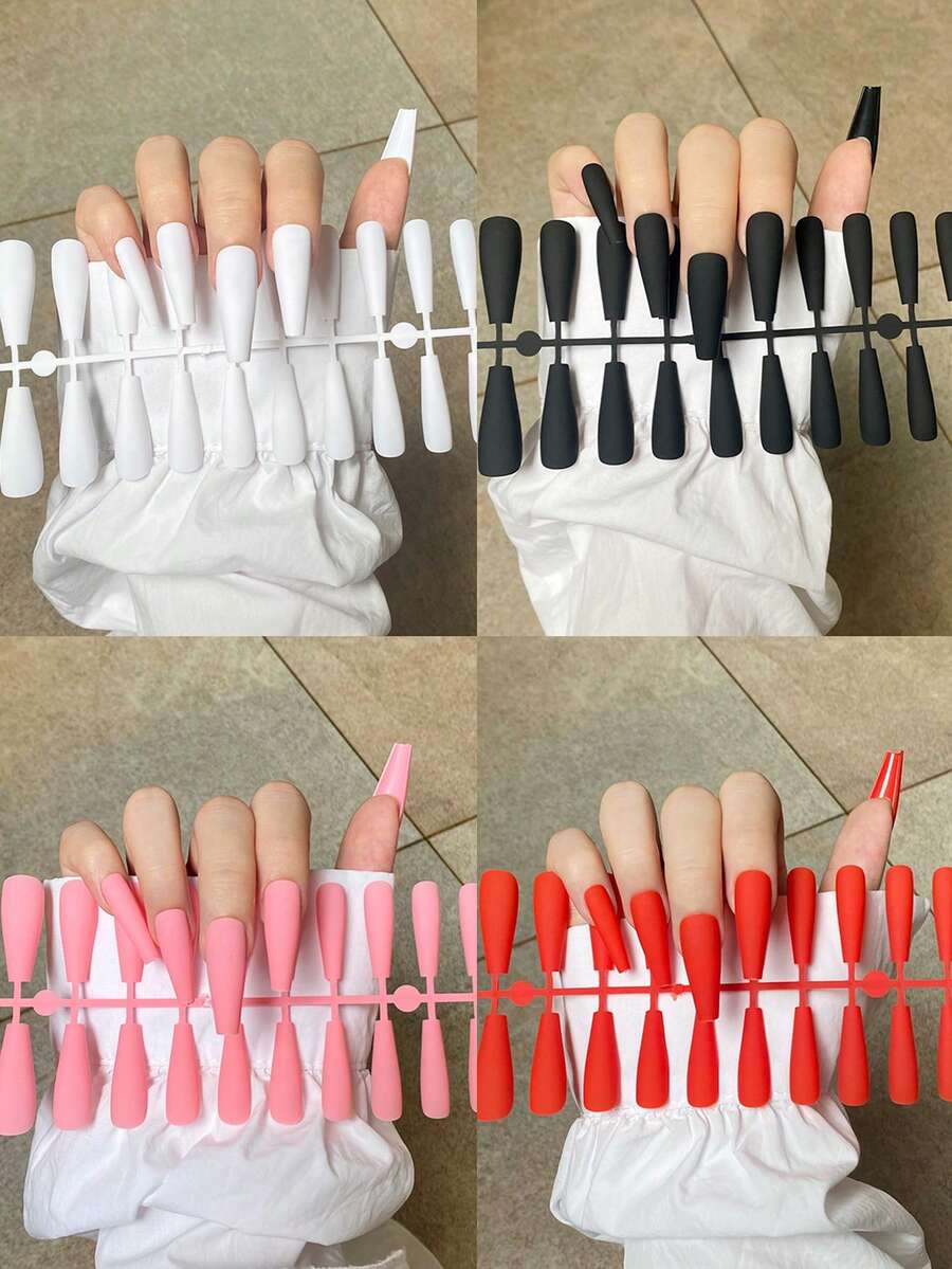 96入組磨砂長棺材形狀純色假指甲,可自己進行美甲,附帶4片果凍膠和4個指甲沙板 - 彩色 - 查看 1