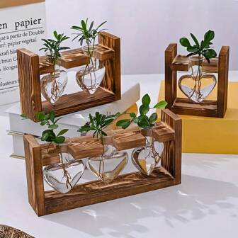 1 Set, Hydroponic Plant Terrarium Heart Vase With Wooden Stand, Indoor Hydroponic Plant Propagation Station For Home Office Garden Decoration, Gift For Flower Pot Lovers Birthday Gifts Graduation