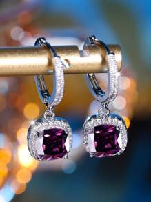 1 Par De Elegantes Y Nobles Pendientes De Lujo Para Mujeres Con Forma Cuadrada Y Piedra Artificial Chapados En Platino, Regalo Perfecto Para Citas
