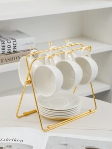 6 Cups & 6 Saucers Set With A Holder, Made Of Ceramic, Suitable For Office And Family Gathering - White - View 1