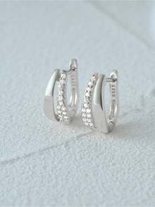 1對 925純銀經典方鑽鋯石與鑽石耳環,18k鍍金精品細緻珠寶,適用於女性日常穿戴,婚禮派對,情人節新娘珠寶。 - 圈形耳環-銀色 - 查看 3