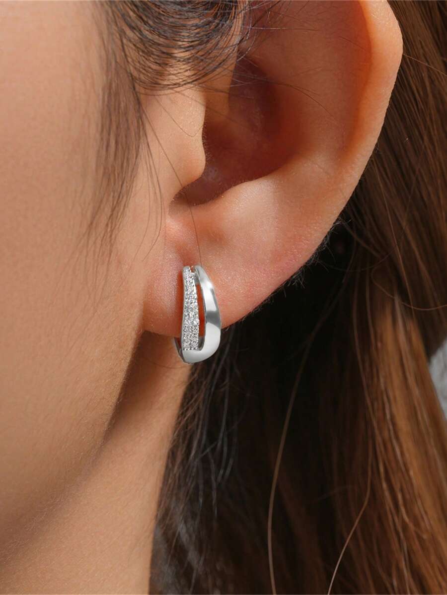 1對 925純銀經典方鑽鋯石與鑽石耳環,18k鍍金精品細緻珠寶,適用於女性日常穿戴,婚禮派對,情人節新娘珠寶。 - 圈形耳環-銀色 - 查看 1