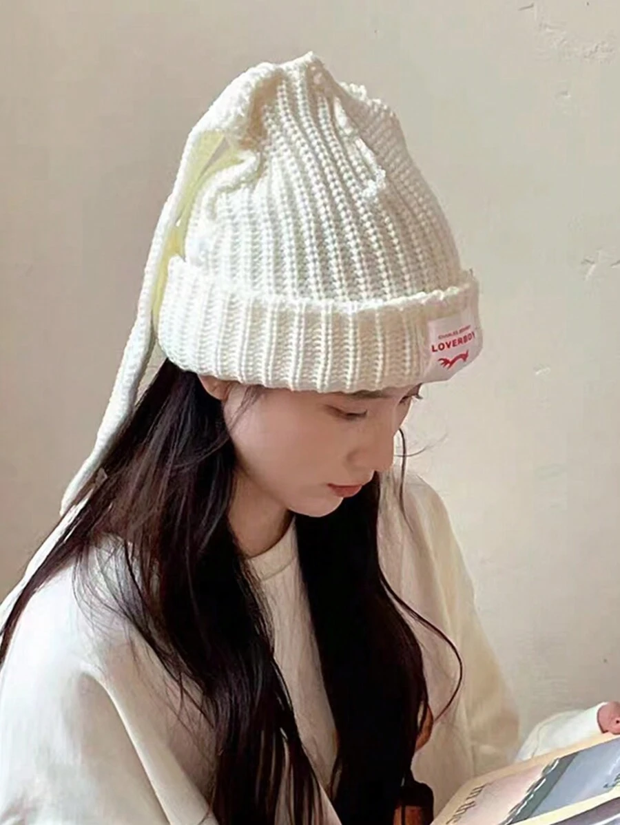 1pc Winter Korean Style Cute Long Rabbit Ear Woolen Hat For Women, With Letter Patchwork, Knitted Cap Which Is Warm, Suitable For Outdoor Activities - Black - View 1