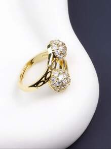 1 件 18k 鍍金雙球鑽石鑲嵌可調節女式時尚戒指,適合新娘/婚禮/訂婚/女朋友/媽媽/閨蜜禮物 - 金色 - 查看 3