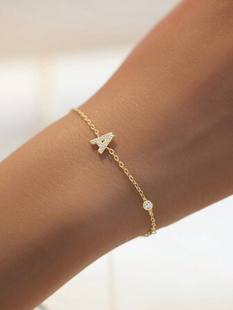 925 Silver Minimalist Artificiell Kubik Zirkonium Alfabet A-Z Armband , 1 del