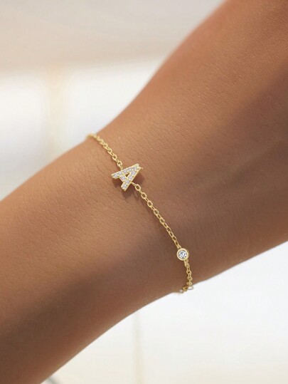 925 Silver Minimalist Artificial Cubic Zirconia Alphabet A-z Bracelet, 1 Piece