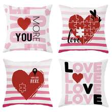 4入組心形拼圖條紋愛你粉紅紅色抱枕套,情人節新奇抱枕套,絲絨裝飾性靠墊套45*45cm / 18" * 18",適用於情人節派對客廳臥室沙發床裝飾禮物 - 粉色 - 查看 1