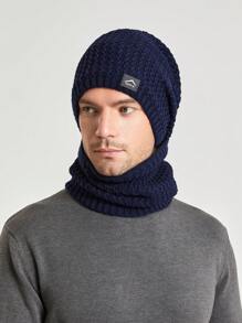 Men's Beanie Hat & Scarf Set, Winter Warm Knit Cap & Neck Warmer With Thermal Lined And Wavy Label Pattern - Navy Blue - View 8