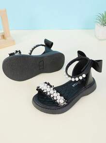 1對女孩舒適平底涼鞋,帶蕾絲邊飾,蝴蝶裝飾和露趾設計,是公主派對的完美夏季鞋子 - 黑色 - 查看 5