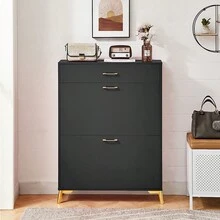 Shoe Cabinet With 2 Flip Drawers & Top Slide Drawer, Modern Slim Narrow Shoe Storage With Metal Legs,Free Standing Shoe Rack Organizer,For Entryway,Bedroom, Apartment - 黑色 - 查看 2