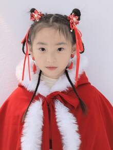 1個風復古女孩髮夾公主長流蘇頭帶兒童紅色傳統花卉頭飾新年髮飾 - 紅色 - 查看 2