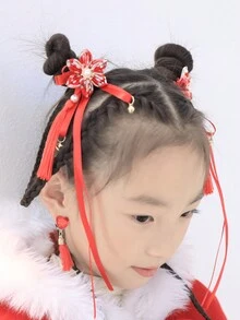 1個風復古女孩髮夾公主長流蘇頭帶兒童紅色傳統花卉頭飾新年髮飾 - 紅色 - 查看 6