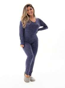 Pijama Longo Feminin Suede leve soft linha noite confortável - Multicolorido - Visão 4