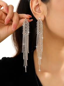 1 Pair Fashionable Rhinestone Tassel Earrings, Vibrant And Design For Women's Casual, Holiday Parties And Dating - Gold - View 4