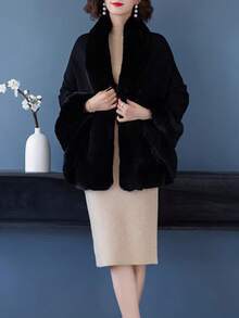 1pc Knitted Winter Shawl Collar Cape With Imitated Rabbit Fur Trim For Women Plus Size, Thick Warm Cardigan, Coat And Accessory - Black - View 2