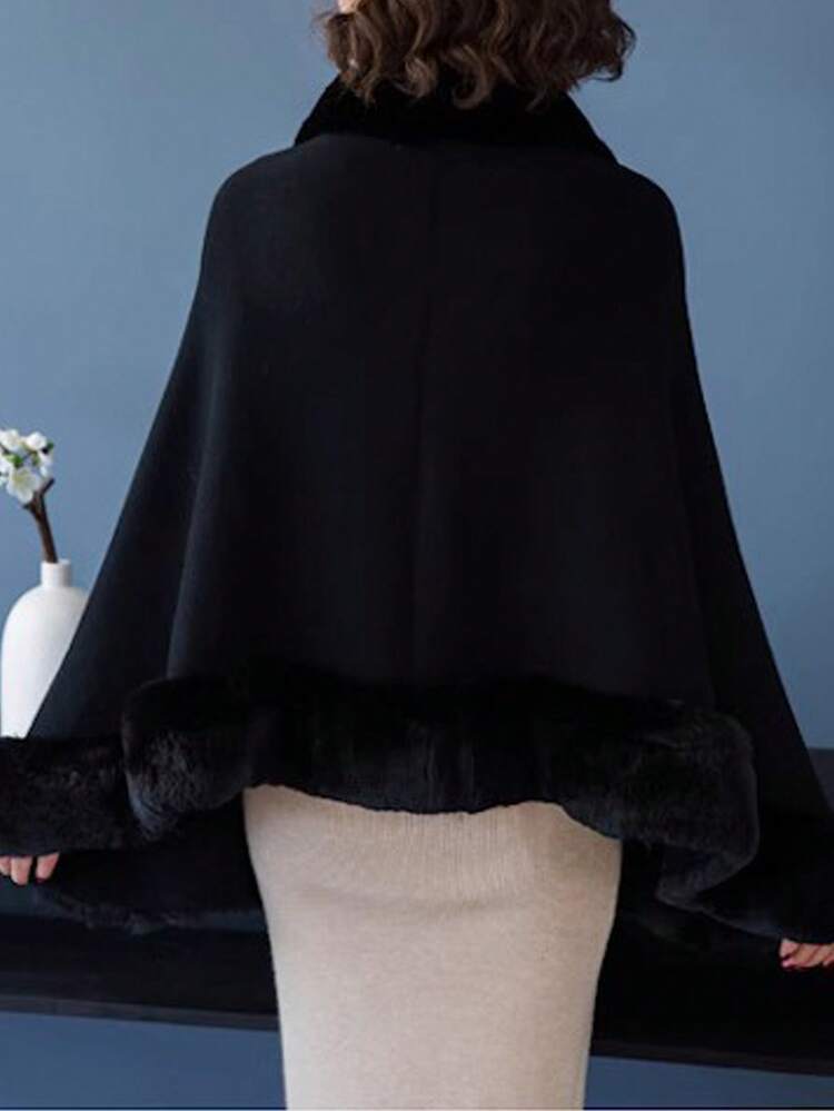 1pc Knitted Winter Shawl Collar Cape With Imitated Rabbit Fur Trim