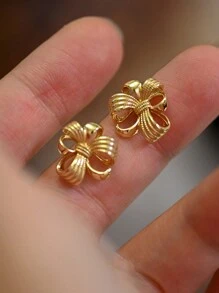 1對流行優雅的925純銀花卉設計中空耳釘,適合女性 - 金黃色 - 查看 5