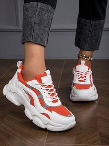 女款運動鞋,白色/橘色拼接厚底運動鞋,休閒輕便跑鞋 - 橘色 - 查看 2