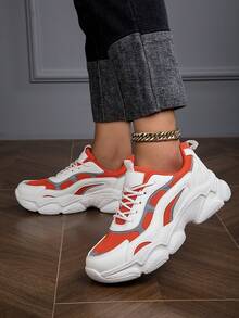 女款運動鞋,白色/橘色拼接厚底運動鞋,休閒輕便跑鞋 - 橘色 - 查看 3