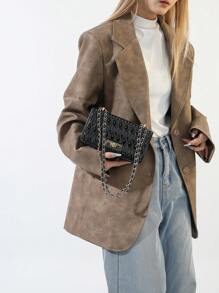 拼接鑲鑽圖案鏈帶肩背包 - 黑色 - 查看 2