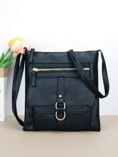 Vintage Solid Color Women's Crossbody Bag, Metallic Decor Pu Leather Square Shoulder Bag With Adjustable Strap Clutch Handbag Suitable For Daily Use, Holiday Gift, Retro Inspired Vintage Bag For Women