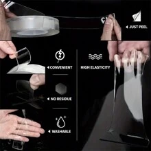 1捲耐用納米膠帶,採用強韌材料製成,承重2.2磅,不會在表面上留下殘留物或損壞,可水洗和重複使用。透明設計使其隱形,不會影響您的物品或表面的外觀。適用於家庭、辦公室或汽車使用。 - 透明無痕奈米雙面膠*3.28英尺 - 查看 7