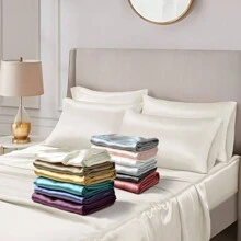 4/6 Pieces Solid Satin Luxury Sheet Set With 1*Flat Sheet,1*Fitted Sheet,4*Pillowcases Without Core,Luxury Silky With Natural Sheen,Elastic 14" Pocket Fits Up To 16" Mattress,Soft Comfortable Breathable Bedding Mattress Protector Set,All-Season Elegant Home Textile For Full-Queen-King-California King Size,Ideal Festive Celebrations Holiday Gift For Bedroom Decor - 象牙 - 查看 10