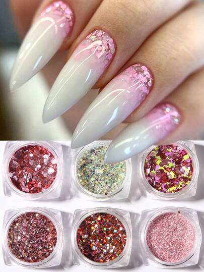 6 piezas de escamas de brillo de uñas de color rosa con lentejuelas hexagonales de sirena de colores mixtos, polvo brillante para decoración de manicura