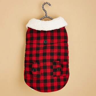 1 pieza Chaqueta acolchada a cuadros para mascotas con diseño ajustable de en el pecho y la cintura, adecuada para diferentes construcciones de gatos y perros, otoño/invierno